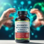 Advanced Mitochondrial Formula supplement bottle with energetic person in background