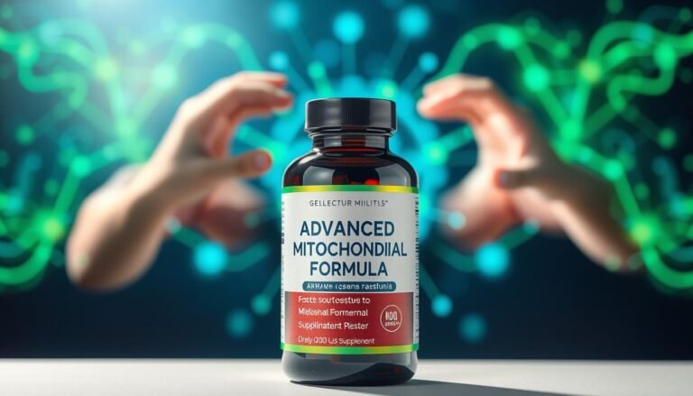 Advanced Mitochondrial Formula supplement bottle with energetic person in background